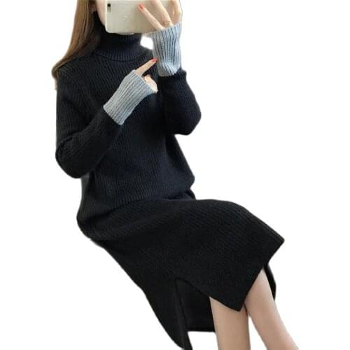 New High-Neck Over The Knee Sweater Women 2021 Autumn And Winter Korean Fashion Loose Long-Sleeved Knitted Dress Women