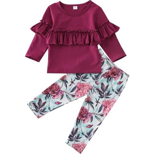 Newborn Toddler Baby Kids Girls Clothing Sets Ruffles T-shirt + Flower Pants Autumn Spring Girls Childrens Clothes Costumes