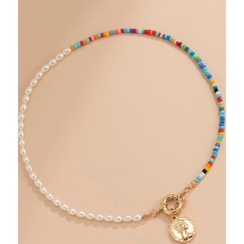 Bohemia Small Pearl Rainbow Beads Choker Necklace for Women Asymmetry Chain with Coin Pendant Necklace Neck 2021 Fashion Jewelry