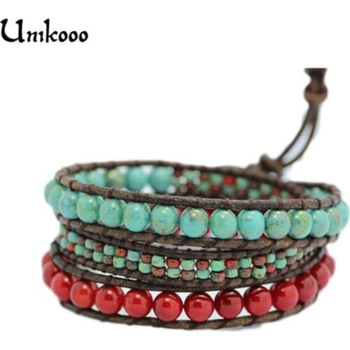 Semi Precious Stone Triple Wrap Bracelet for Women Red Coral Czech Glass Beads Handmade Multilayer Wrap Leather Rope Jewelry