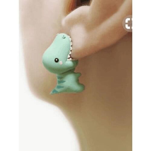 KL40G9D T Rex Dinosaur Bite Earring Polymer Clay Handmade Jewellery Dripping Open Mouth Animal Theme Pet Lover Gift Stud Biting