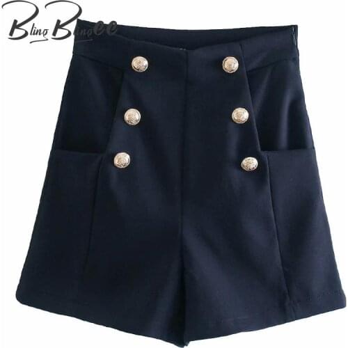 BlingBlingee Chic Double Button Career Pants High Waist Side Zipper Women Shorts Patch Pocket Female Casual Straight Shorts