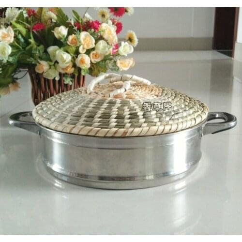 Handemade low straw grass frying pan steamer lid non glass stainless steel wood iron pot rice cooker general pot cover 23-72cm