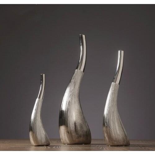 Modern Fengshui Luxury Silver Curved Bottle Ceramic Vase Ornaments Home Livingroom Table Figurines Crafts Office Desk Decoration