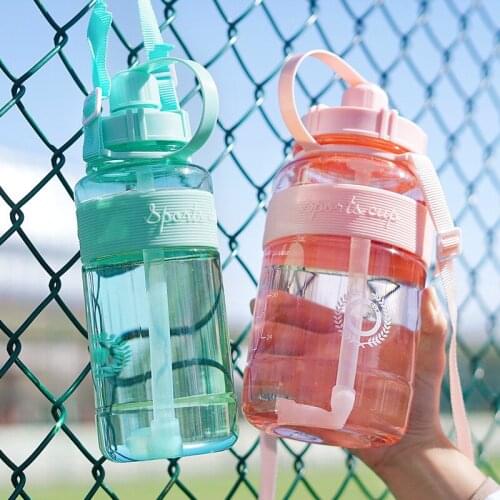 Large Capacity Sports Water Bottle Wide Mouth with Straw Portable Plastic Leakproof BPA Free Reusable Outdoor Kettle with Rope