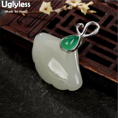 Uglyless Antique Ginkgo Leaf Pendants for Women Party Dress Fine Jewelry 925 Silver Necklaces No Chain Natural Jade Jewelry P739