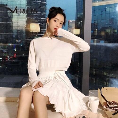 Verlena Irregular Hem Short White Sweater Korean Style O-Neck Long Sleeve Tops Women 2021 New Ice Cotton Thin Summer Pullover