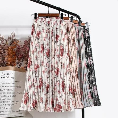 Floral Chiffon Skirt Women Printed Long Pleated Skirt For Women Summer Elastic Waist A-line Long Skirt Women With Lining