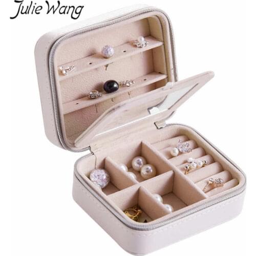 Julie Wang Women Jewelry Box Double Layers Travel PU Leather Display Carrying Cases For Rings Earrings Bracelet Necklace