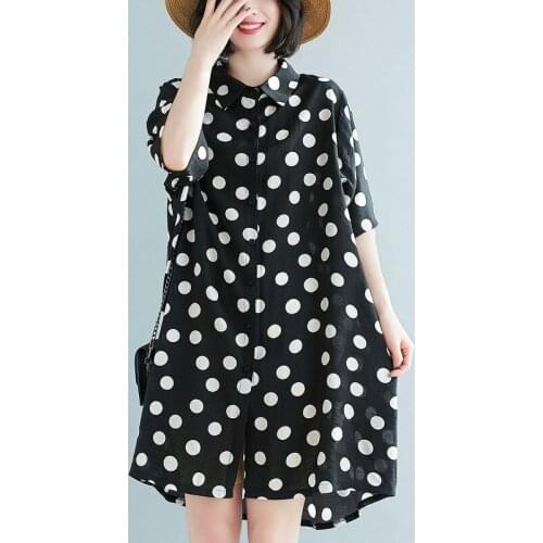 Oversized Women Cotton Linen Casual Shirts New Arrival 2021 Summer Vintage Style Polka Dot Print Loose Female Long Tops S3789