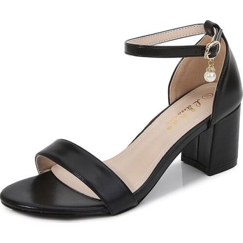 Sandalias Mujer 2020 Womens Ladies Pumps Fashion Round Toe PU 6CM Thick High Heels Buckle Strap Shallow women shoes size 35-42