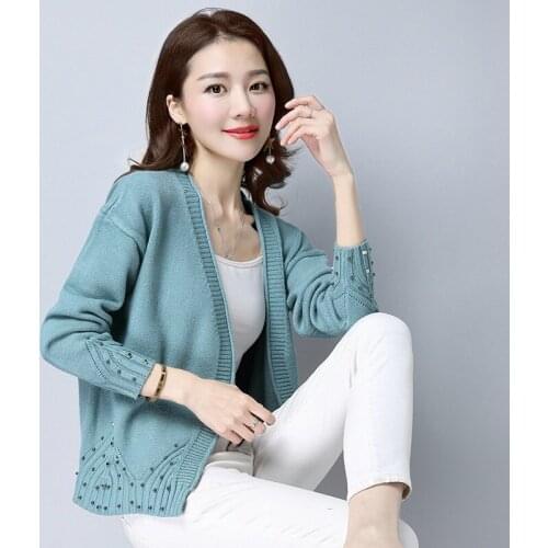 Spring Autumn Cardigan Women Solid Beading Long Sleeve Single Breasted Office Lady Casual Soft Knitted Sweaters Outwear M47