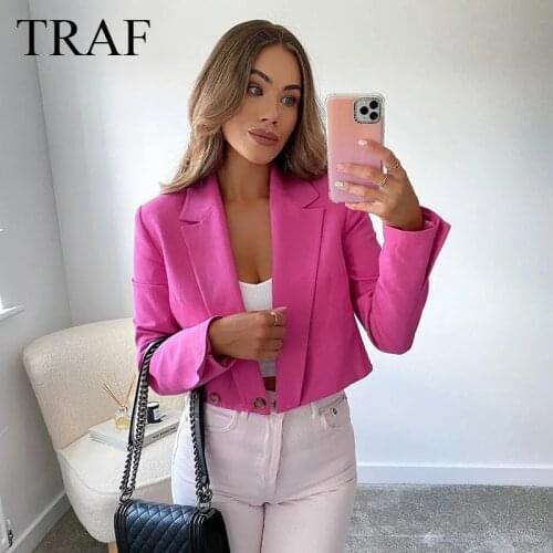TRAF ZA Womens Clothing Blazer Fashion Elegant Long Sleeve Cropped Blazers Vintage Button-Up Solid Color Jacket Office Lady