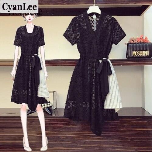 4XL Plus size women deep v neck lace dress black hollow out mesh patchwork dress office ladies irregular split 2 piece dress