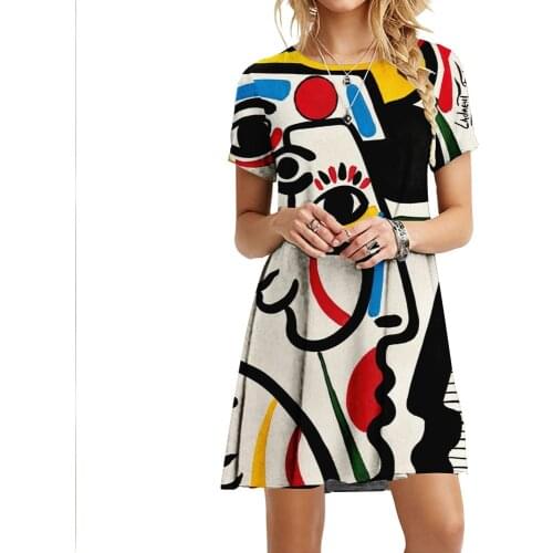 Elegant Short Sleeve Loose Summer Dress Fashion Beach Women A-Line Party Dress 2021 Vintage Art Cartoon Print Dress Vestido 6XL