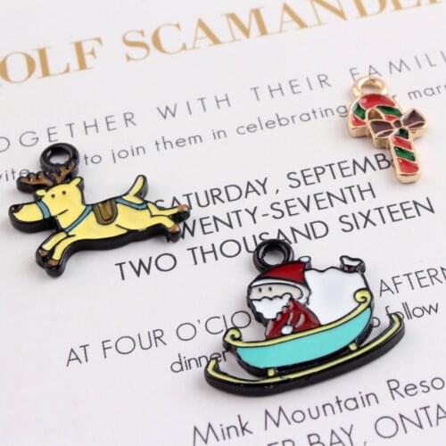 10pcs Candy cane Enamel Christmas Sleigh Reindeer Charms For Gold Color Metal Fit Jewelry DIY Earring Bracelet DIY Finding XL943