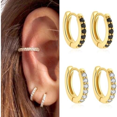 925 Sterling Silver Thin Huggies Black&clear Cubic Zirconia Small Circle Hoop Earrings for Women Gift Jewelry 2021 New