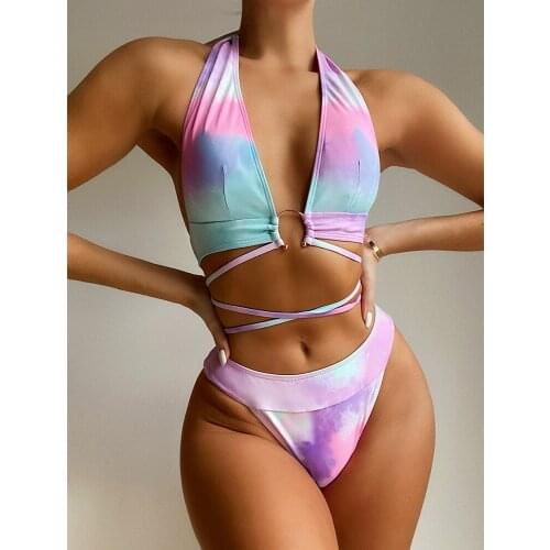 Tie-Dye Print Bikini 2021 Sexy Halter Swimwear Women Swimsuit Female Two Pieces Bikini Set Bandage Bathing Suits Beach Wear Swim