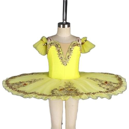 All For Dance Yellow Spandex Bodice With Gold Trim Pre-professional Ballet Pancaked Dance Costume Ballerina Dance Tutu