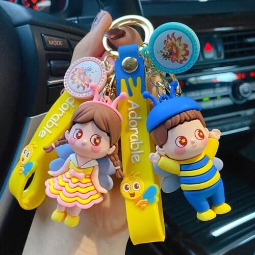 Cute Little Bee Boy and Girl Keychain Creative Couple Pendant Keyring Car Bag Charm Resin Key Chain Gifts