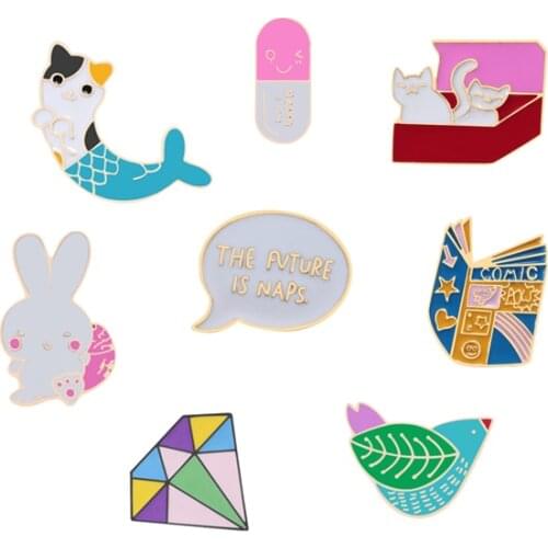 Cartoon Animal Colorful Cat Fish Enamel Pin Brooch Rabbit Bird Shoes Teacup Book Capsule Pins Denim Badges Brooches for Women