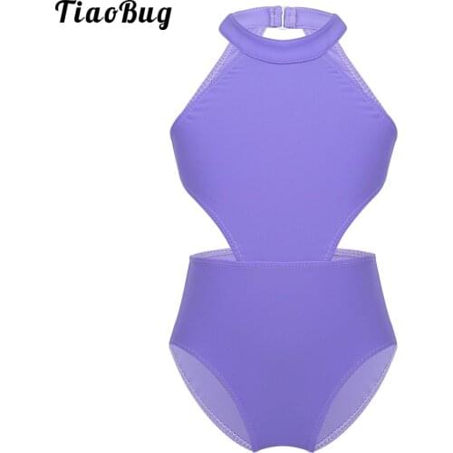 Kids Girls Dance Costume Sleeveless Halter Cutouts On Waist Backless Ballet Gymnastics Leotard Jumpsuit