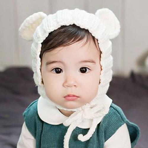 H7665 Baby Bomber Hat Children Bear Ears Cartoon Wool Knitted Cap Child Outdoor Earmuffs Winter Warm Solid Color Casual Caps