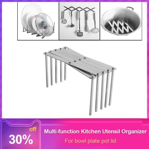 Kitchen Utensil Organizer Stainless Steel Spoon Holder Storage Rack Pot Lid Plate Holder Rack 4 Sectional Adjustable Extended