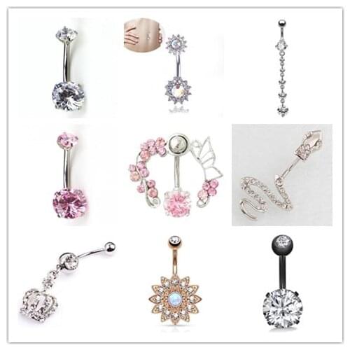 Fashion Woman Body Jewelry Barbell Sexy Dangling Navel Belly Button Rings Belly Piercing Crystal Surgical Steel 1pc