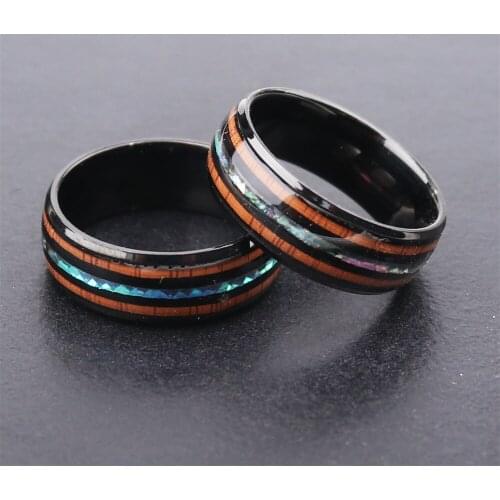 8MM Black Vintage Wood Grain Rings Stainless Steel Mens Wedding Engagement Ring Male Anniversary Party Gift