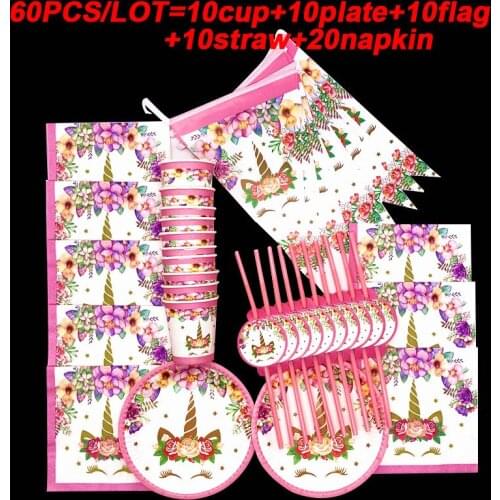 Unicorn Party Theme Disposable Tableware Set 60PCS Unicorn Party Straws Cups Plates Napkin Kids Unicorn Birthday Party Supplies