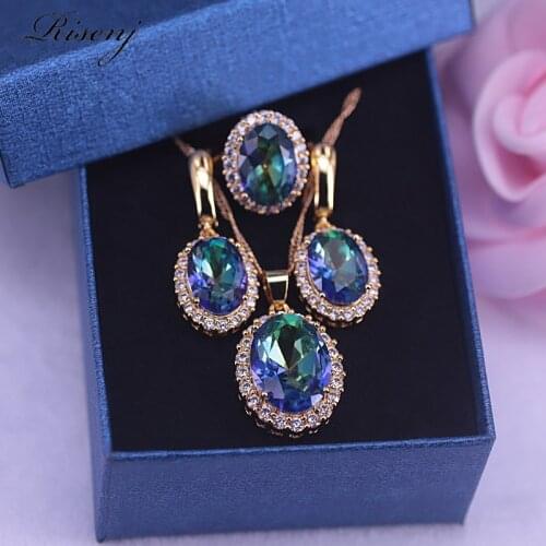 Many Colors Big Oval Rainbow Zircon Rose Gold Jewelry Set Adjustable Ring Earrings Necklace Set Pretty Present