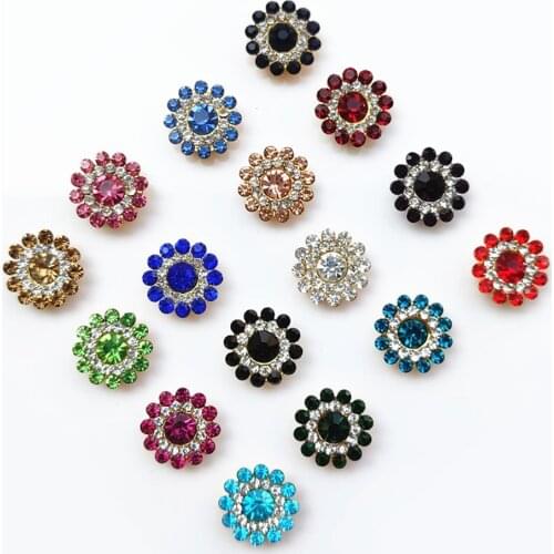 10PCS 14mm Flower-shaped Rhinestone Buttons Sparkling Crystal Glass Stone Steel Bottom Clothes Decoration Sewing Accessories