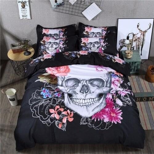 3D Black Skull Bedding Set Queen Size 3/4 Pcs Sugar Skull Bedding With Flower Bed Linen Luxury Housse Duvet Skull Duvet Cover