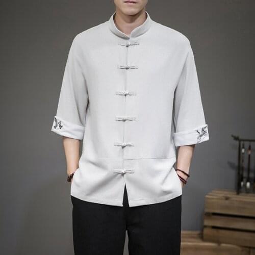 #8124 Black Red White Vintage Cotton Linen Shirts Men Three Quarter Sleeve Embroidery Crane Stand Collar Shirts Chinese Style