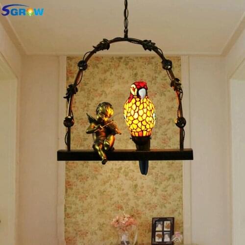 SGROW Hand-made Glass Parrot Lampshade Pendant Light Tiffany Bird Circle Led Lamp Art Deco Indoor Lighting Fixtures for Garden