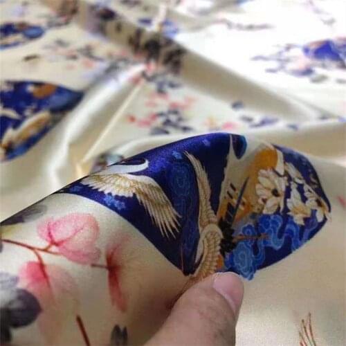 Silk Stretch Satin Fashion Fabric Crane Flower Unique Design 19 Mumi Luxury Dress Clothing Cheongsam Mulberry Silk Fabric