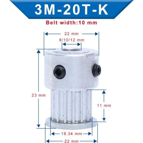 3M-20T Pulley K&BF Shape Bore 4/5/6/6.35/8/10/12mm Slot Width 11 mm pulley wheel Aluminum Material For Width 10mm 3M-Timing Belt