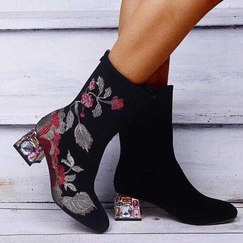 Rhinestone High Heels Female Plus Size Chelsea Boots Prom Dancing Shoes Woman Cow Suede Women Embroider Ankle Boots