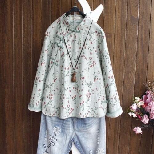 Spring Cotton Linen Button Top Chinese Style Stand Collar Long Sleeve Shirt Ethnic Style Retro Floral Printed Blouses 4 Colors