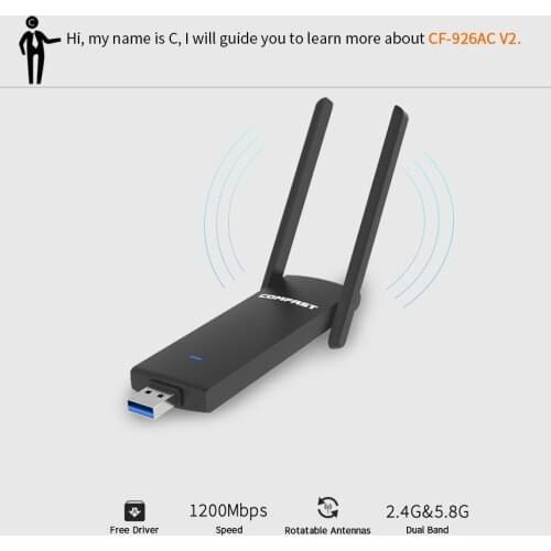 Comfast 1200Mbps External 2*2dBi Antenna Flash Memory Drive-Free Gigabit Dual-Band Wireless Network Card CF-926AC V2