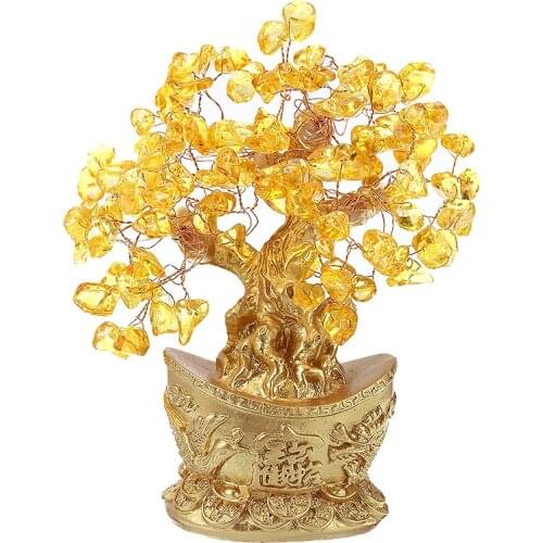 Yellow Feng Shui Crystal Gem Stones Fortune Money Tree Decor Wealth Blessing Home Ornaments