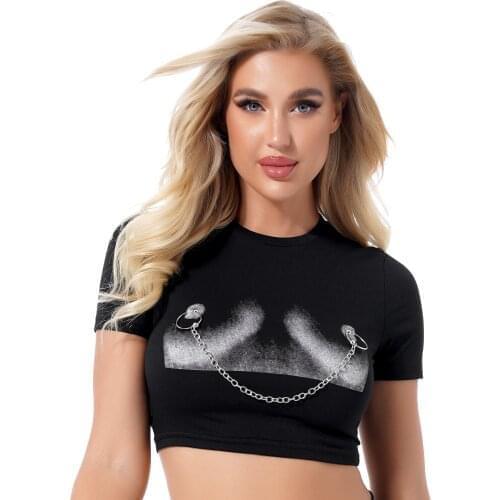 T Shirt Women Tops Summer Sport Casual Stylish Printing Short Sleeve Cropped Tees Round Neck Metal Chain O Ring Decor Crop Top