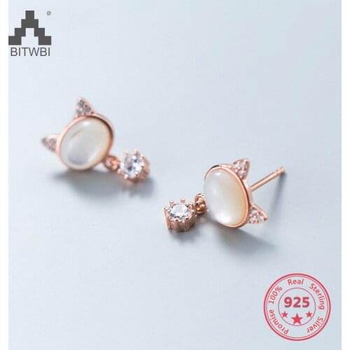 100% 925 Sterling Silver Fashion Mix Personality Cute Cat Kitty Rose Gold Zircon Bling Bling Crystal Stud Earrings