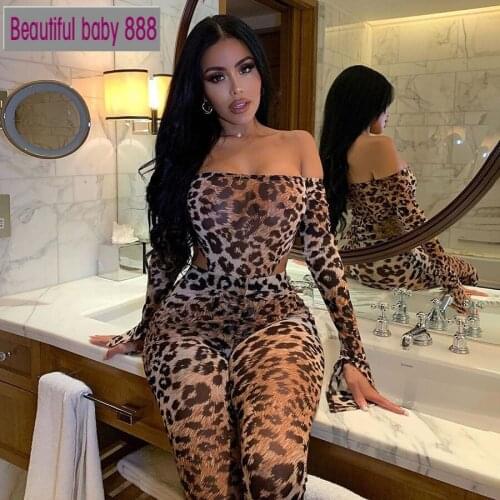 Meqeiss 2021 Sexy fashion skinny Leopard print slash neck two piece set women Casual long sleeve bodysuit and leggings outfits