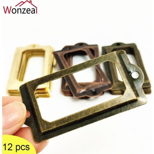 12Pcs Antique Brass Metal Label Pull Frame Handle File Name Card Holder For Furniture Hardware Cabinet Drawer Box Case Bin