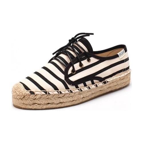 White and black women lace up espadrilles casual striped Jute platform and rubber outsole women shoes