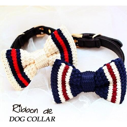 Free Shipping Soft Pu+Weave Navy Style Bow Tie Small Dog Collar Cat Pet Accessories Yorkie Poodle Maltese