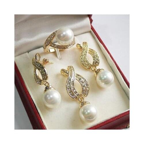 Nobility Quartz crystal AAA 12mm White Shell Pearl Pendant Necklace Earrings Ring Set Grad