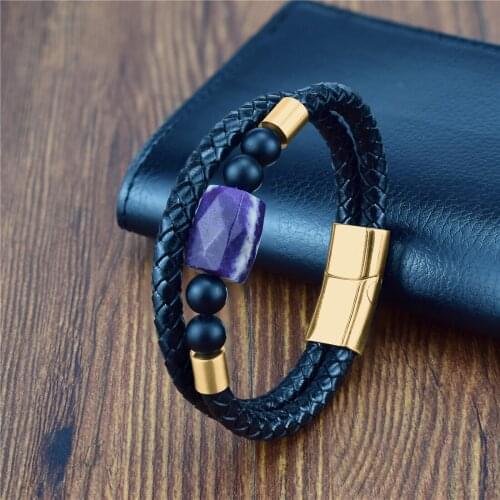 Stainless Steel Stone Beads Bracelet Stainless Steel Accessories Blue-veins Stone Men Bangle Punk Leather Women Handmade Jewelry